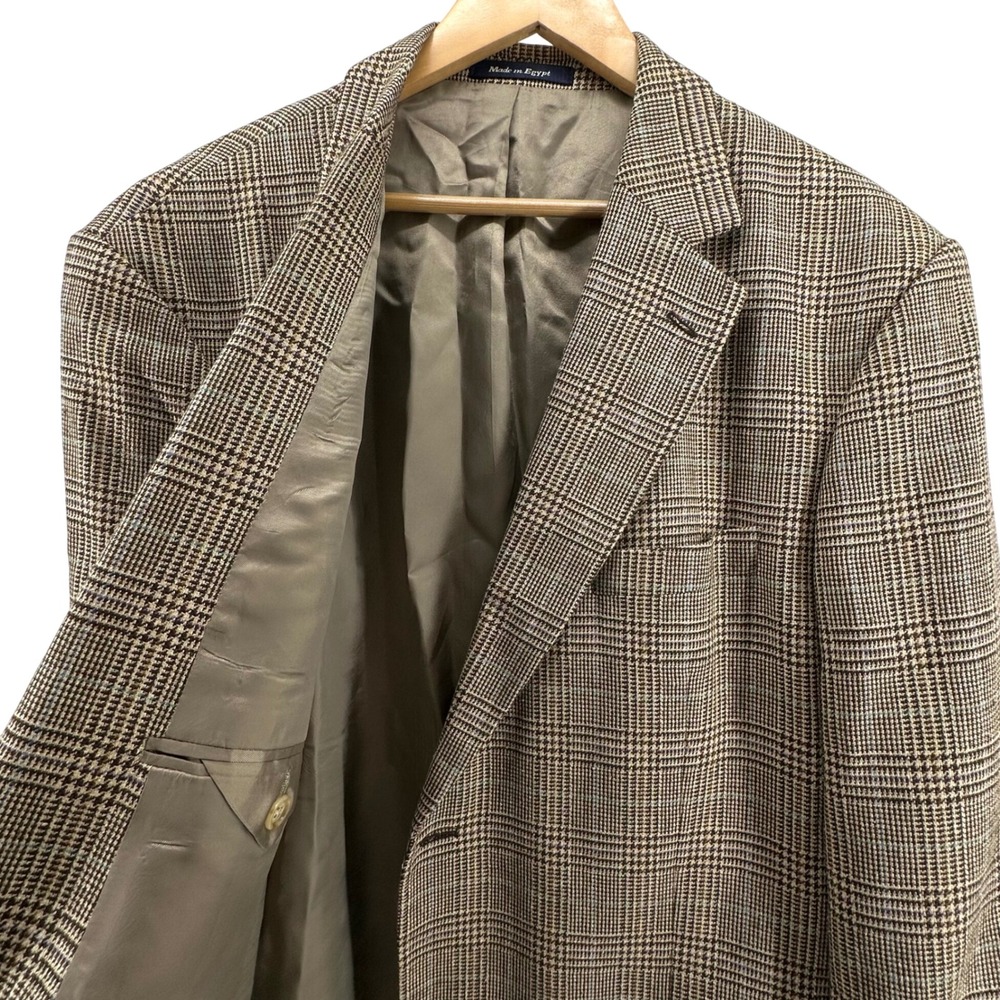 Alan Flusser Mens 48R Silk Wool Sport Coat Blazer Brown Glen Plaid Italy Fabric